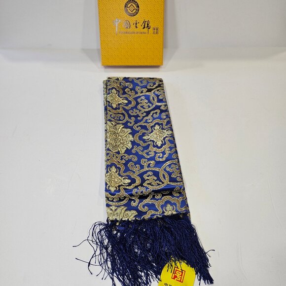 Exquisite Yung Silk Brocade Cobalt Blue And Gold Scarf With Silk Fringe - Picture 6 of 8